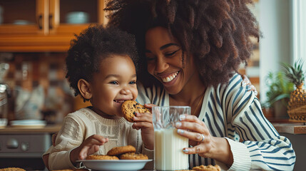 Happy African American family: Mother and little son eat cookies with milk for breakfast at home