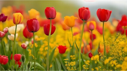 A colorful field of tulips in full bloom, reflecting the vibrancy of spring and the beauty of nature.
