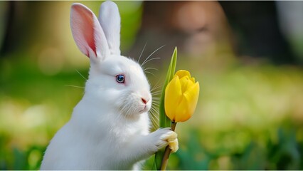 A white rabbit smelling a yellow tulip, a tranquil scene evoking the arrival of spring.
