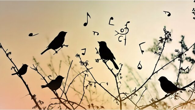 A tranquil scene with bird silhouettes and musical notes against the backdrop of a sunset sky.
