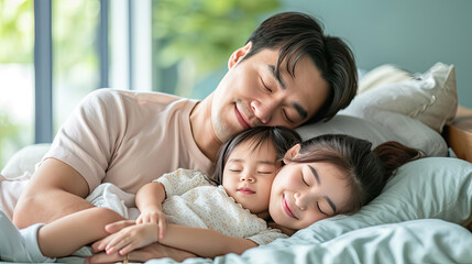Obraz na płótnie Canvas Happy Asian Family mother father and daughter making a fun sleep play in living room home background.