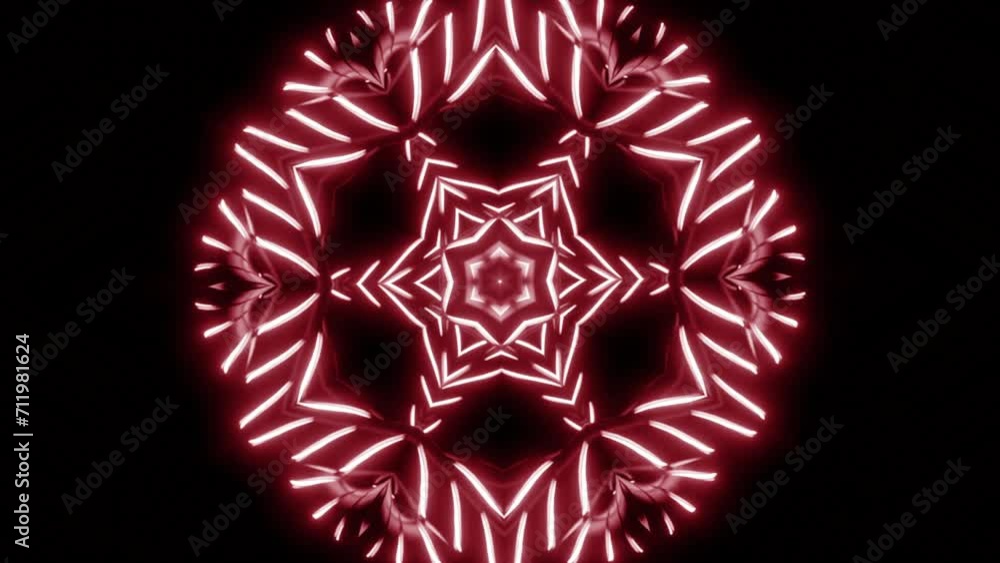 Poster symmetrical pattern with neon starry kaleidoscope. design. mirror reflection of repeating star or fl