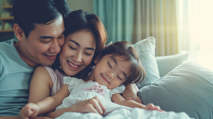 Fototapeta premium Happy Asian Family mother father and daughter making a fun sleep play in living room home background.