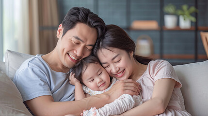 Obraz premium Happy Asian Family mother father and daughter making a fun sleep play in living room home background.