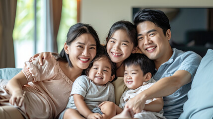Happy Asian family with two children sitting on couch at home watching tv together
