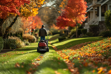 worker mows lawns near customers' houses