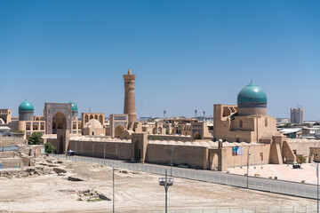 Bukhara, Uzbekistan Aerial view of Kalan Minaret Emir and Alim Khan madrasah