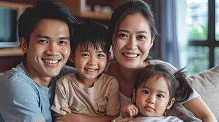 Happy Asian family with two children sitting on couch at home watching tv together - obrazy, fototapety, plakaty