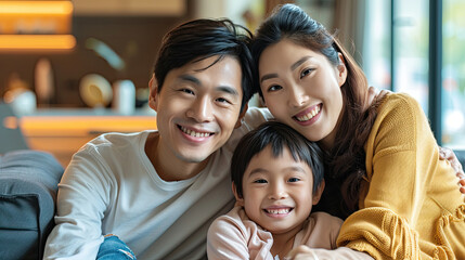Happy Asian family with two children sitting on couch at home watching tv together - obrazy, fototapety, plakaty