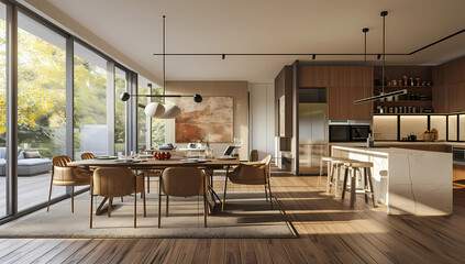 kitchen and dining room with wood flooring