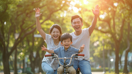 Happy Asian father and mother teach their son to ride a bicycle, Cheerful parent raise hands up in the air to support kid encouragement, family do activity together at park concept