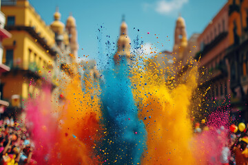 Holi is a popular and significant Hindu festival celebrated as the Festival of Colours, Love and Spring with people throwing different colors of powder paint in the air  - obrazy, fototapety, plakaty