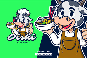 Cow Chef Mascot Cartoon Logo Holding Ramen