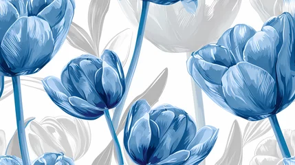 Foto op Aluminium Blue Tulips with a White and Silver Background seamless pattern © ginstudio