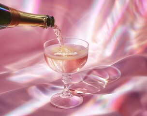 A Bottle of Champagne Pouring a Beverage in a Coupe Champagne Glass on a Pastel Pink Background - obrazy, fototapety, plakaty