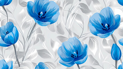 Blue Tulips with a White and Silver Background seamless pattern