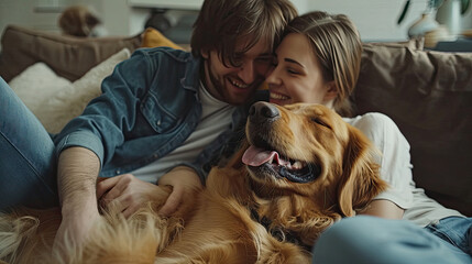 Happy Couple Play with Their Dog, Gorgeous Brown Labrador Retriever. Boyfriend and Girlfriend Tease, Pet and Scratch Super Happy Doggy, Have Fun in the Stylish Living Room - obrazy, fototapety, plakaty