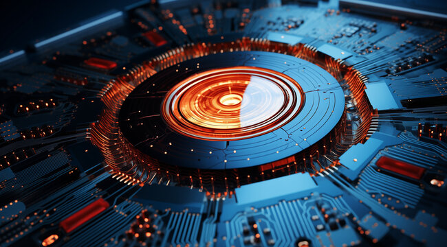 image of a red electronic circuit, in the style of spiral vortex patterns, light azure and orange, shaped canvas, geodesic structures