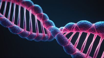 3d image of DNA, blue purple, deoxyribonucleic acid, genetic strands, dna helices. AI generated - obrazy, fototapety, plakaty