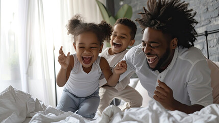 Happy family multiethnic mother, father and son laughing, playing, and jumping in bed in bedroom at home - Powered by Adobe
