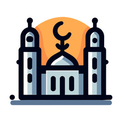 A line art illustration of a mosque with a crescent moon and a minaret. The mosque is simple in design, with a single dome and two minarets. The crescent moon is a symbol of Islam, and the minaret is 
