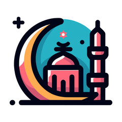 A line art illustration of a mosque with a crescent moon and a minaret. The mosque is simple in design, with a single dome and two minarets. The crescent moon is a symbol of Islam, and the minaret is 