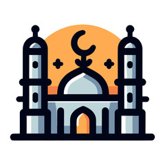 A line art illustration of a mosque with a crescent moon and a minaret. The mosque is simple in design, with a single dome and two minarets. The crescent moon is a symbol of Islam, and the minaret is 