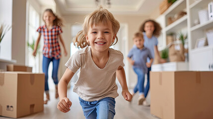 Happy young family with cardboard boxes in new home at moving day concept, excited children running into big modern own house hallway, parents with belongings at background, mortgage loan, relocation - obrazy, fototapety, plakaty