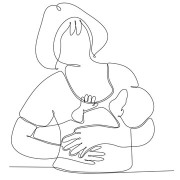 a continuous line drawn silhouette image of a breastfeeding woman drawn by a child. line art. mother character feeding newborn baby