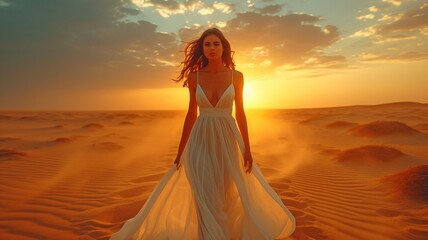 Fototapeta na wymiar The concept of a youthful, attractive girl in a dress in a desert of sand. Idea of the desert queen