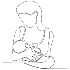 a continuous line drawn silhouette image of a breastfeeding woman drawn by a child. line art. mother character feeding newborn baby