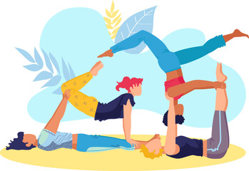 Three people practicing acro yoga together with balance and flexibility. Adults in acrobatic yoga pose on mat vector illustration.