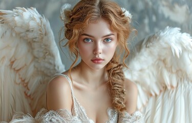 Fototapeta premium Gorgeous angel girl on a grey background with white wings