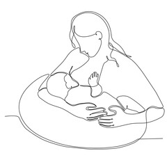 a continuous line drawn silhouette image of a breastfeeding woman drawn by a child. line art. mother character feeding newborn baby