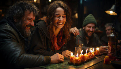 Men and women smiling, celebrating, and enjoying the candlelight together generated by AI