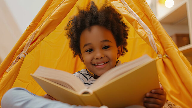 Portrait of cute little african american kid curly boy with book smiling at camera while reading book in play tent at home, happy child playing alone in children room