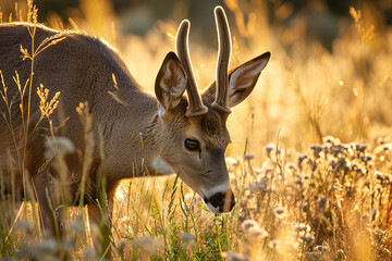 a mule deer grazing peacefully in a meadow