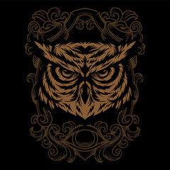 Owl Head Illustration with engraving ornament