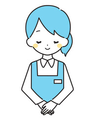 水色｜笑顔でお辞儀をする女性店員｜エプロン
