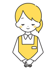 黄色｜笑顔でお辞儀をする女性店員｜エプロン
