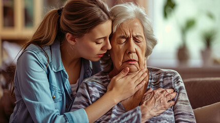 Fototapeta premium Senior woman suffering, clutching, and having difficulty breathing, chest pain, or heart attack daughter help and support her mother, life, and living insurance