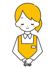 オレンジ色｜笑顔でお辞儀をする女性店員｜エプロン
