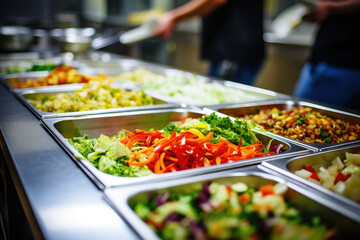 Many plates of vegetable salad in commercial kitchen