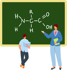 Female teacher explains chemistry to male student in front of blackboard with formula. Education and science class concept vector illustration.