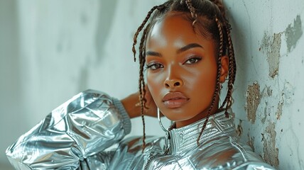 Posing against a bright backdrop is a young, attractive girl wearing a silver futuristic costume. Style and attractiveness - obrazy, fototapety, plakaty