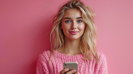 Isolated on a pink background, a young Caucasian woman is talking on her phone about some shocking news while averting her gaze.