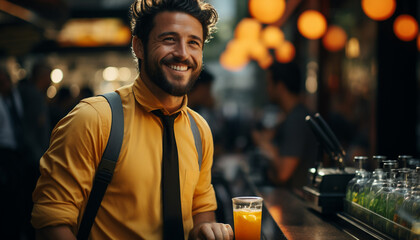 Fototapeta premium A cheerful young man enjoying a drink at a bar generated by AI