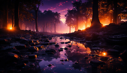 Tranquil scene sunset over forest, mysterious beauty in nature generated by AI