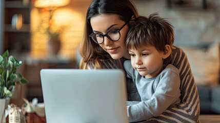 Working with kids. Young focused woman mother wearing eyeglasses using a laptop and thinking about work tasks while her small boy son gently hugs her. Childcare concept