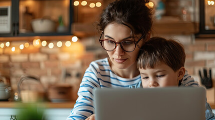 Working with kids. Young focused woman mother wearing eyeglasses using a laptop and thinking about work tasks while her small boy son gently hugs her. Childcare concept - Powered by Adobe